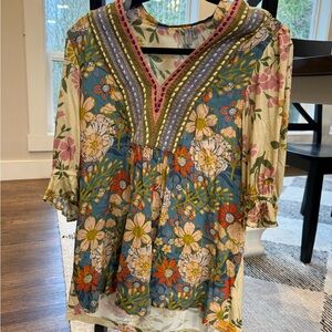 Floral V-Neck Blouse with Multicolor Design